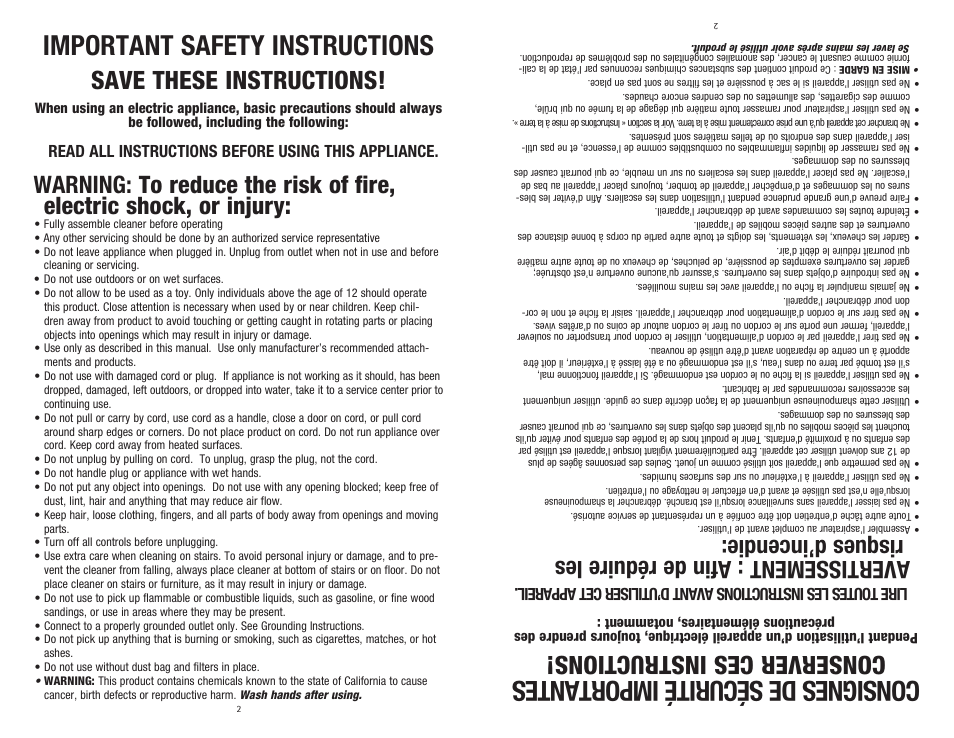 Important safety instructions, Consignes de sécurité importantes, Save these instructions | Conserver ces instructions, Read all instructions before using this appliance | Royal Vacuums CR50005 User Manual | Page 2 / 22