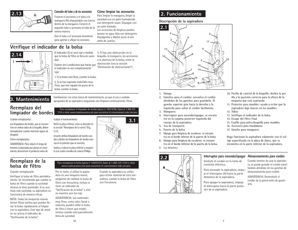 Funcionamiento, Verifique el indicador de la bolsa, Mantenimiento | Royal Vacuums CR50005 User Manual | Page 21 / 22