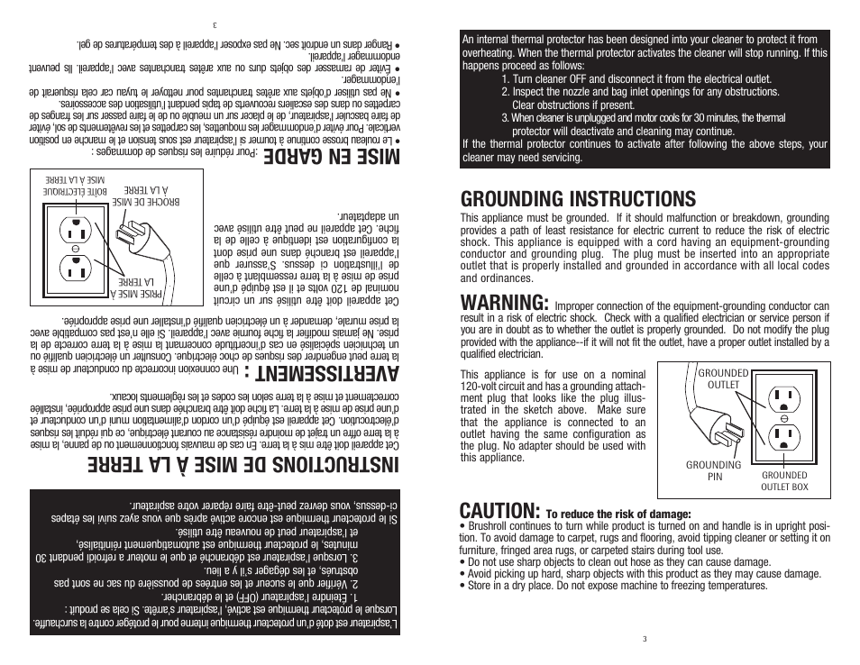 Instructions de mise à la terre, Avertissement, Mise en garde | Grounding instructions, Warning, Caution | Royal Vacuums CR50005 User Manual | Page 3 / 22