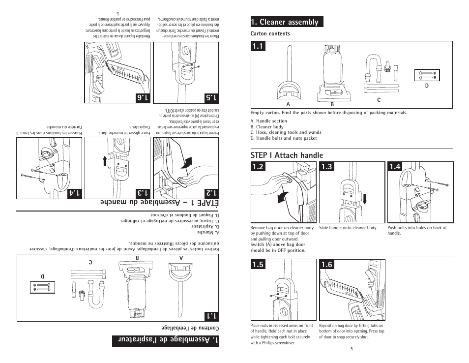 Step i attach handle, Cleaner assembly, Étape 1 – assemblage du manche | Assemblage de l'aspirateur | Royal Vacuums CR50005 User Manual | Page 5 / 22