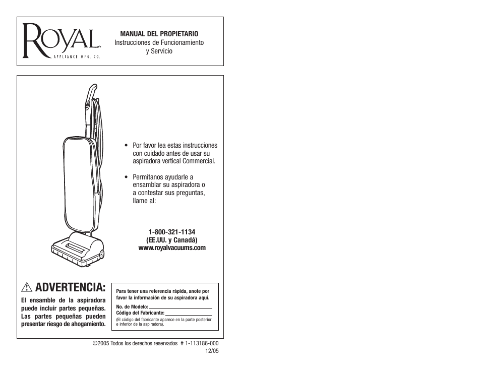 Advertencia | Royal Vacuums MRY6500 User Manual | Page 10 / 14