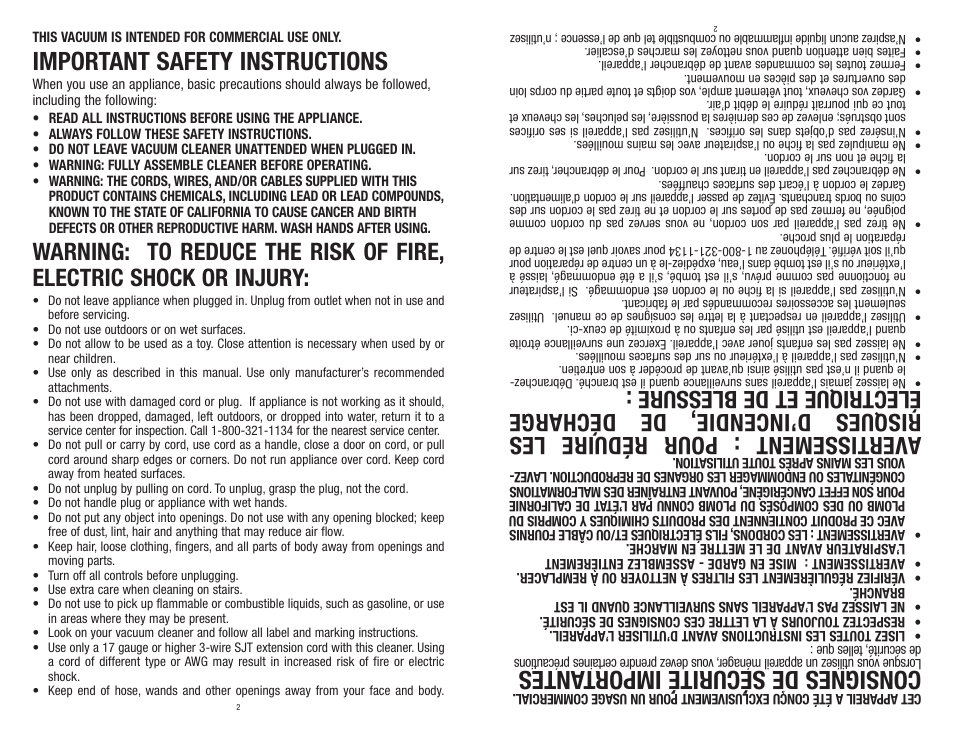 Important safety instructions, Consignes de sécurité importantes | Royal Vacuums MRY6500 User Manual | Page 2 / 14