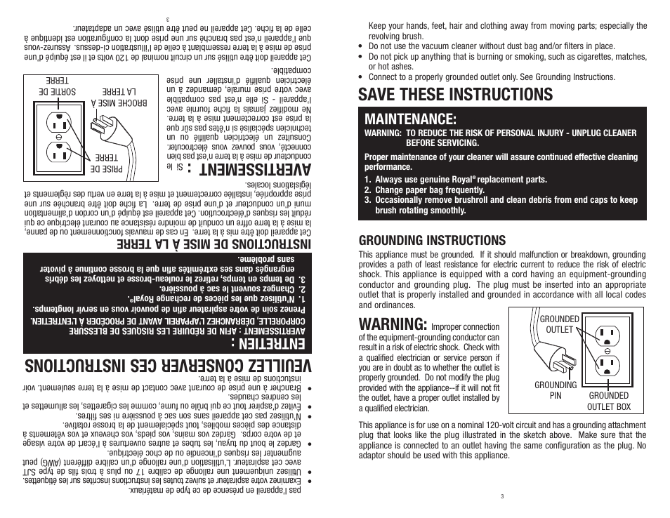 Save these instructions, Veuillez conserver ces instructions, Warning | Aver tissement, Maintenance, Entretien, Grounding instructions, Instructions de mise à la terre | Royal Vacuums MRY6500 User Manual | Page 3 / 14