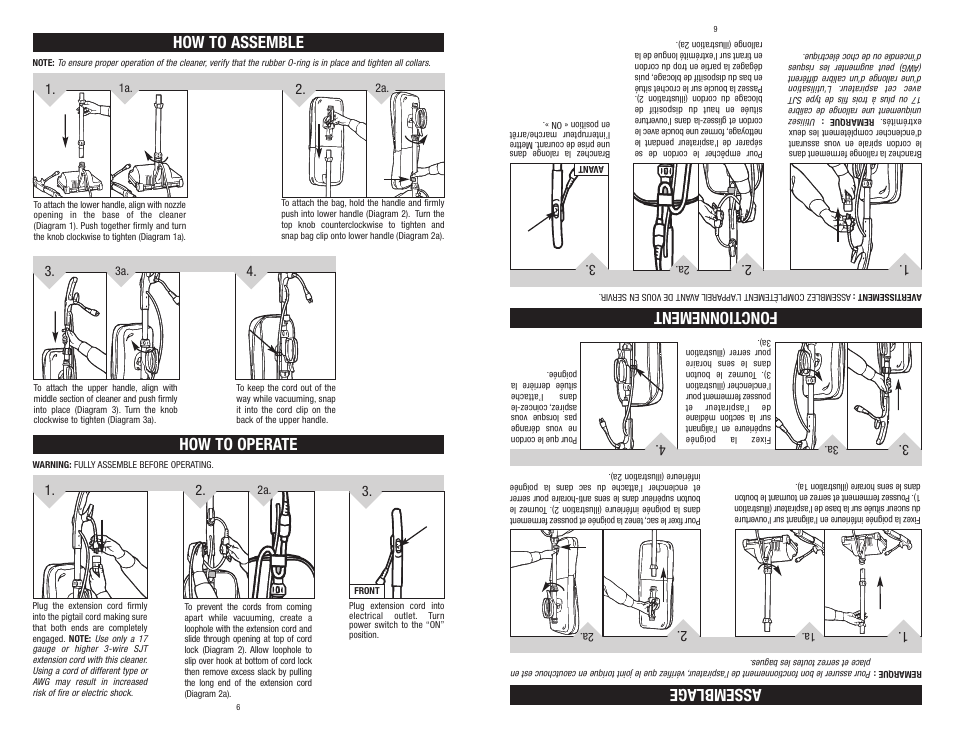 How to assemble assemblage, How to operate, Fonctionnement | Royal Vacuums MRY6500 User Manual | Page 6 / 14