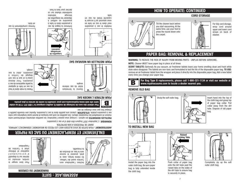 Enlèvement et remplacement du sac en papier, Assemblage : suite | Royal Vacuums MRY6500 User Manual | Page 7 / 14