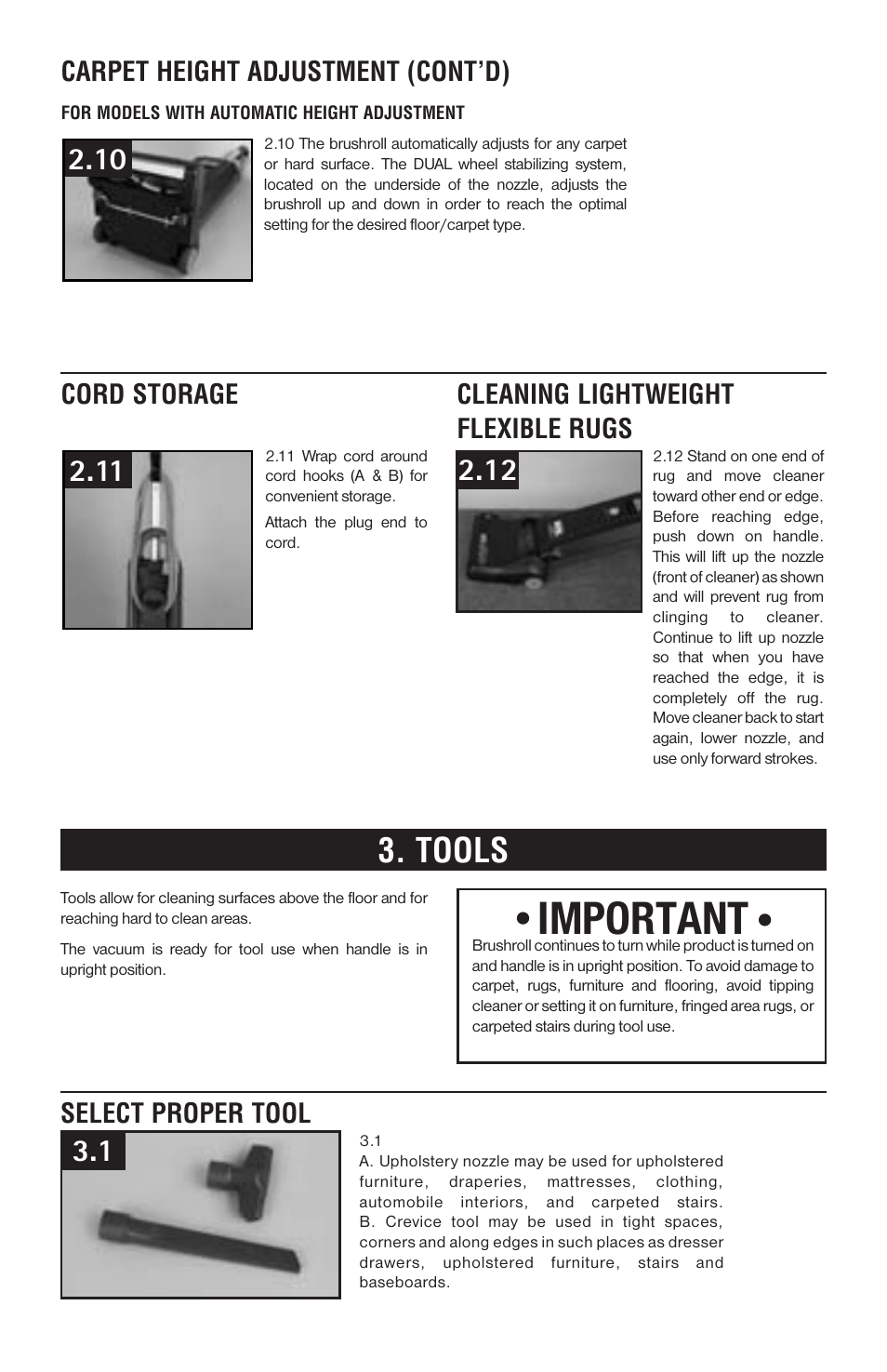 Important, Tools, Select proper tool | Cleaning lightweight flexible rugs, Cord storage, Carpet height adjustment (cont’d) | Royal Vacuums CH50102 User Manual | Page 10 / 17