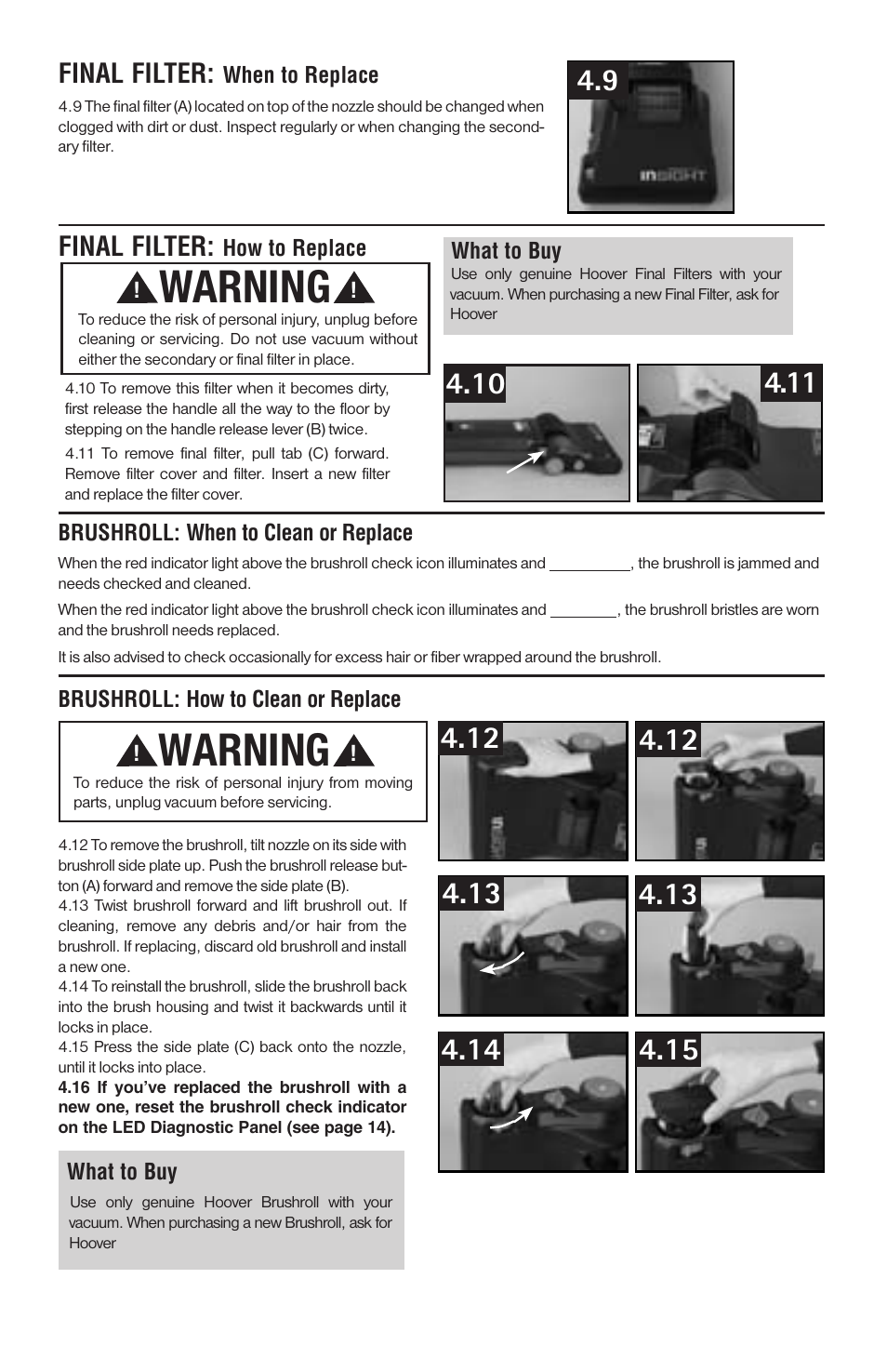 Warning, Final filter | Royal Vacuums CH50102 User Manual | Page 13 / 17