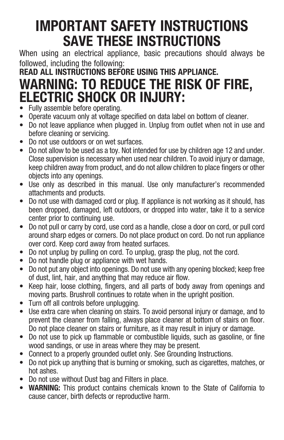 Important safety instructions, Save these instructions | Royal Vacuums CH50102 User Manual | Page 3 / 17