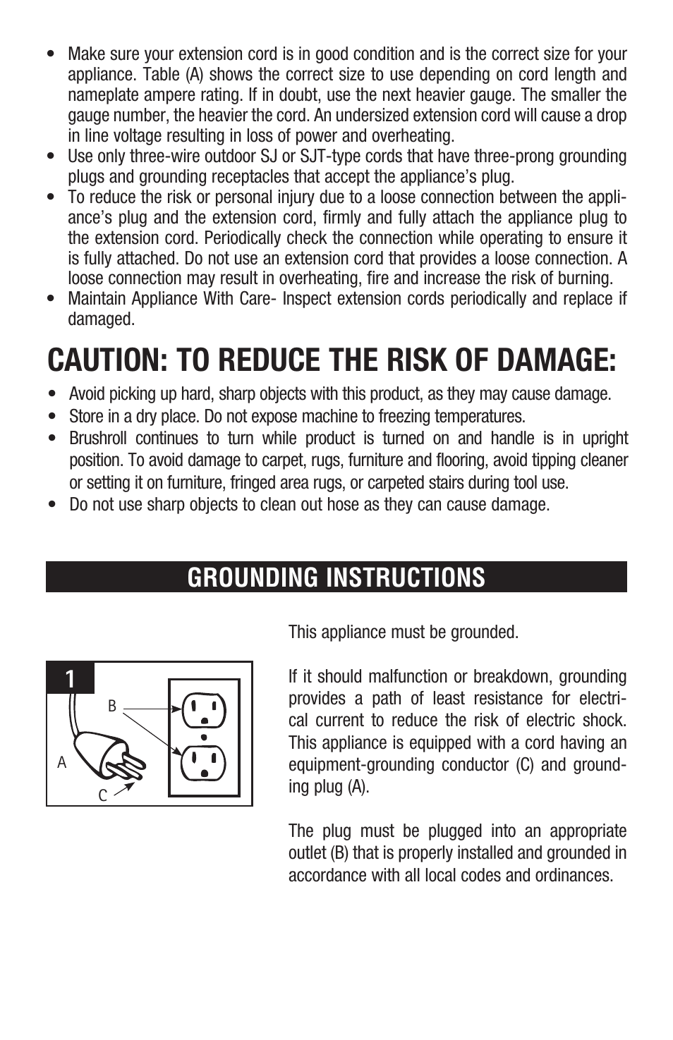 Caution: to reduce the risk of damage, Grounding instructions | Royal Vacuums CH50102 User Manual | Page 4 / 17