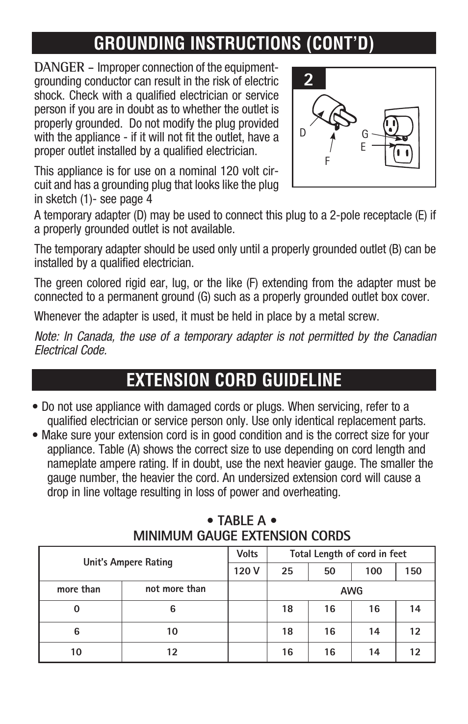 Grounding instructions (cont’d), Extension cord guideline, Danger | Table a • minimum gauge extension cords | Royal Vacuums CH50102 User Manual | Page 5 / 17