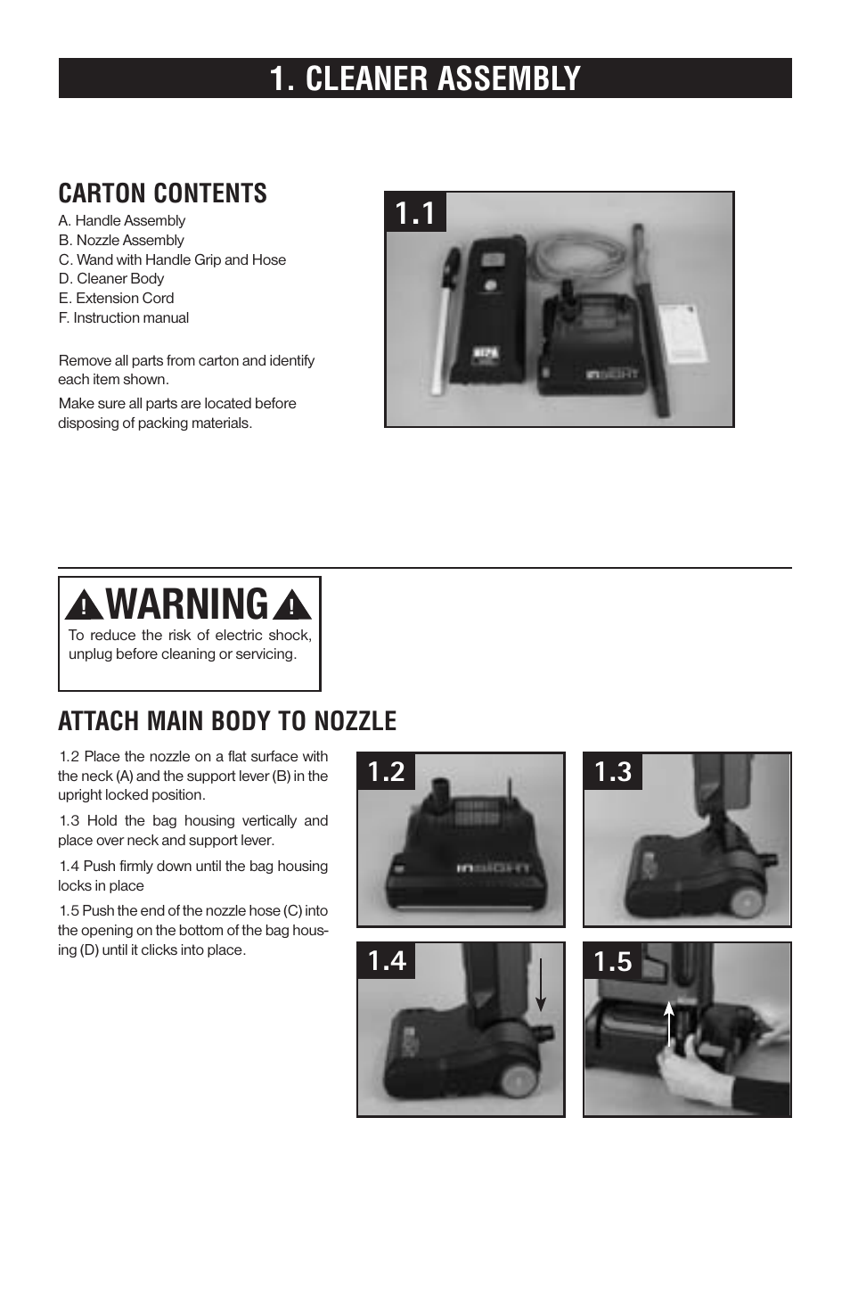 Warning, Cleaner assembly, Carton contents | Attach main body to nozzle | Royal Vacuums CH50102 User Manual | Page 6 / 17