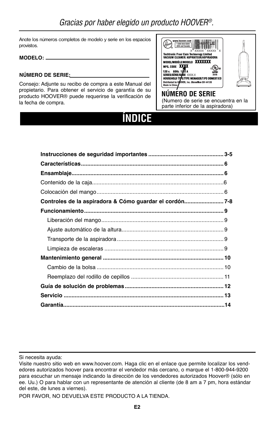 Índice, Gracias por haber elegido un producto hoover, Número de serie | Royal Vacuums CH50400 User Manual | Page 34 / 44