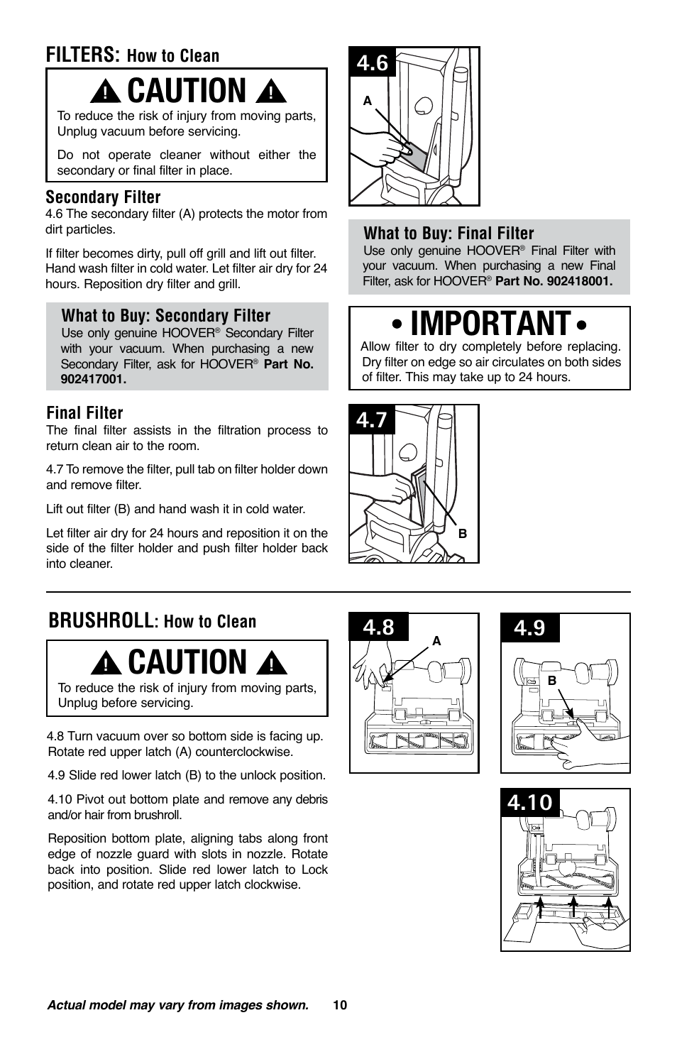 Caution, Important, Brushroll | Filters | Royal Vacuums CH53005 User Manual | Page 10 / 42