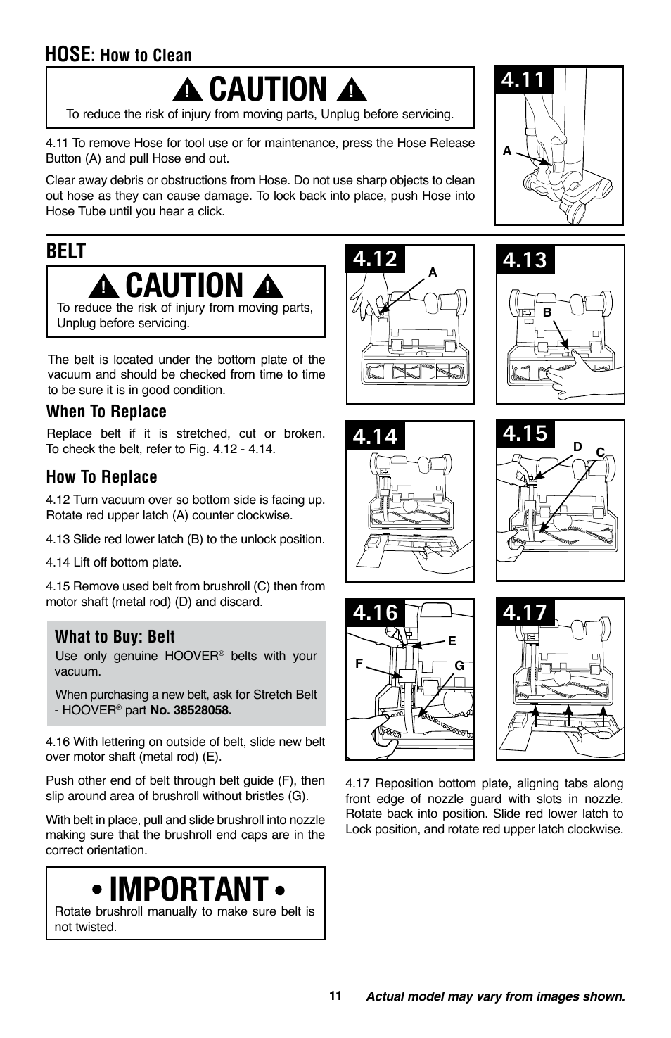 Caution, Important, Hose | Belt | Royal Vacuums CH53005 User Manual | Page 11 / 42