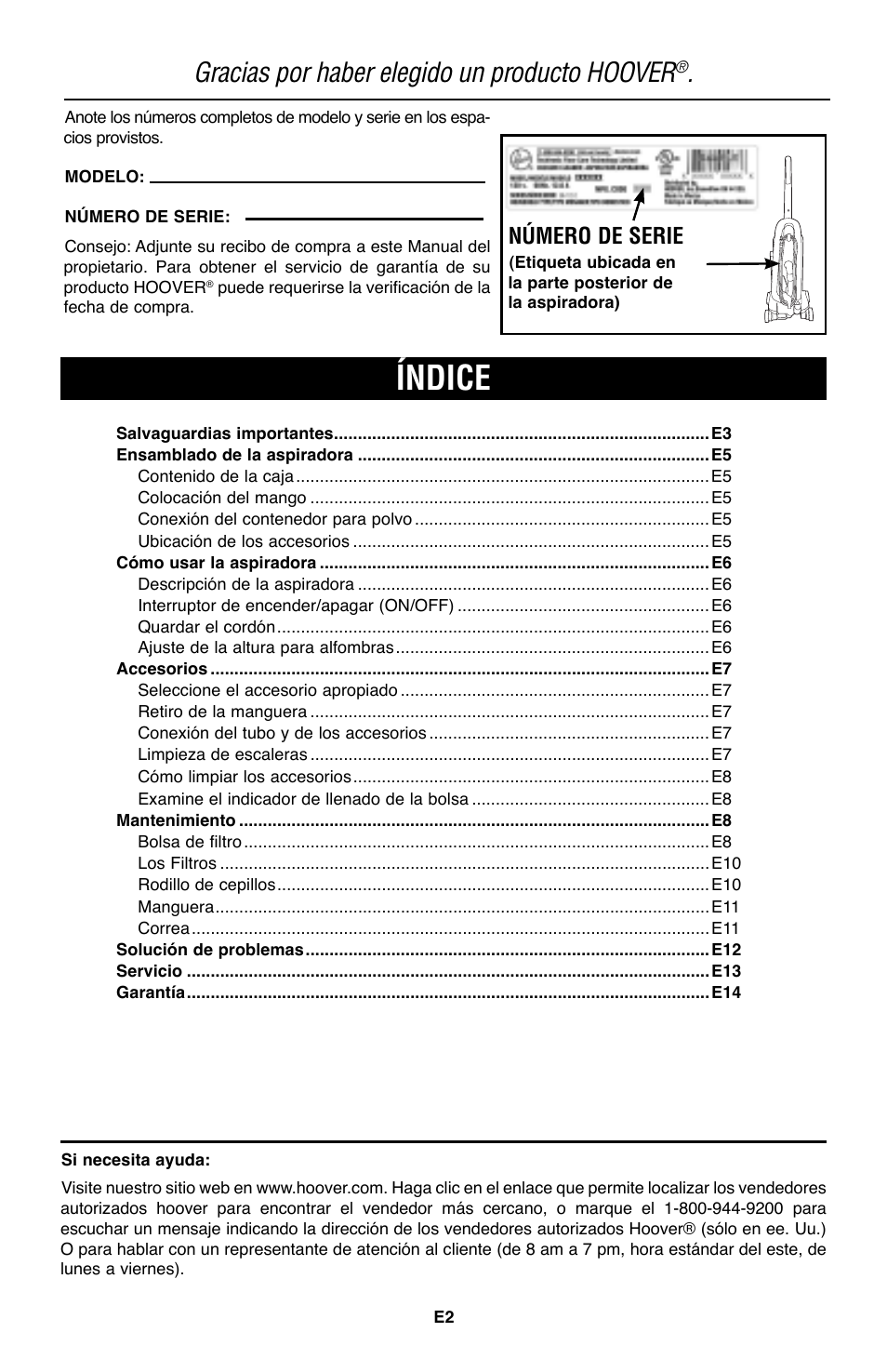 Índice, Gracias por haber elegido un producto hoover, Número de serie | Royal Vacuums CH53005 User Manual | Page 16 / 42