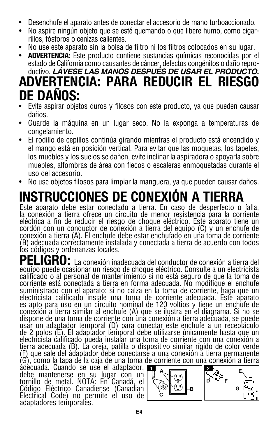 Advertencia: para reducir el riesgo de daños, Instrucciones de conexión a tierra, Peligro | Royal Vacuums CH53005 User Manual | Page 18 / 42