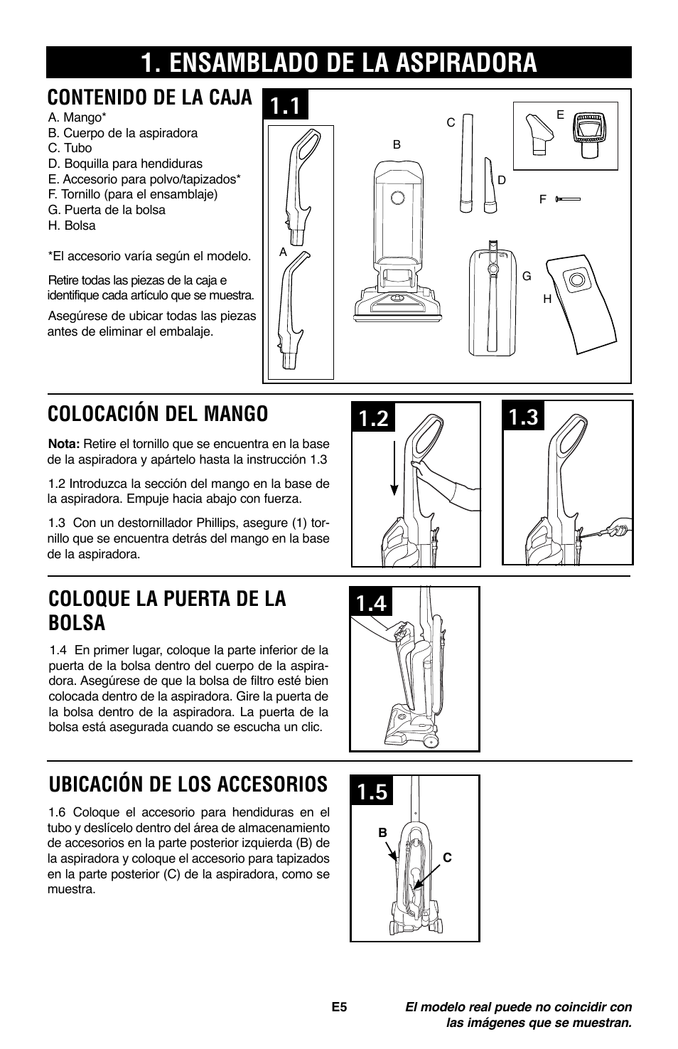 Ensamblado de la aspiradora, Coloque la puerta de la bolsa | Royal Vacuums CH53005 User Manual | Page 19 / 42