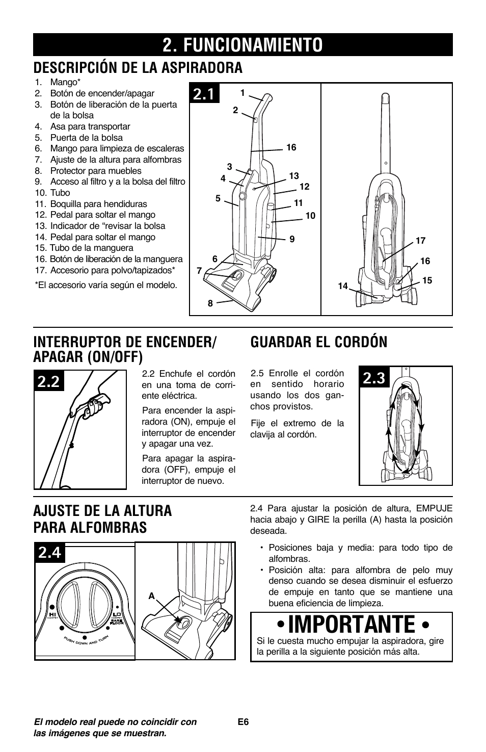 Importante, Funcionamiento, Descripción de la aspiradora | Interruptor de encender/ apagar (on/off), Guardar el cordón, Ajuste de la altura para alfombras | Royal Vacuums CH53005 User Manual | Page 20 / 42