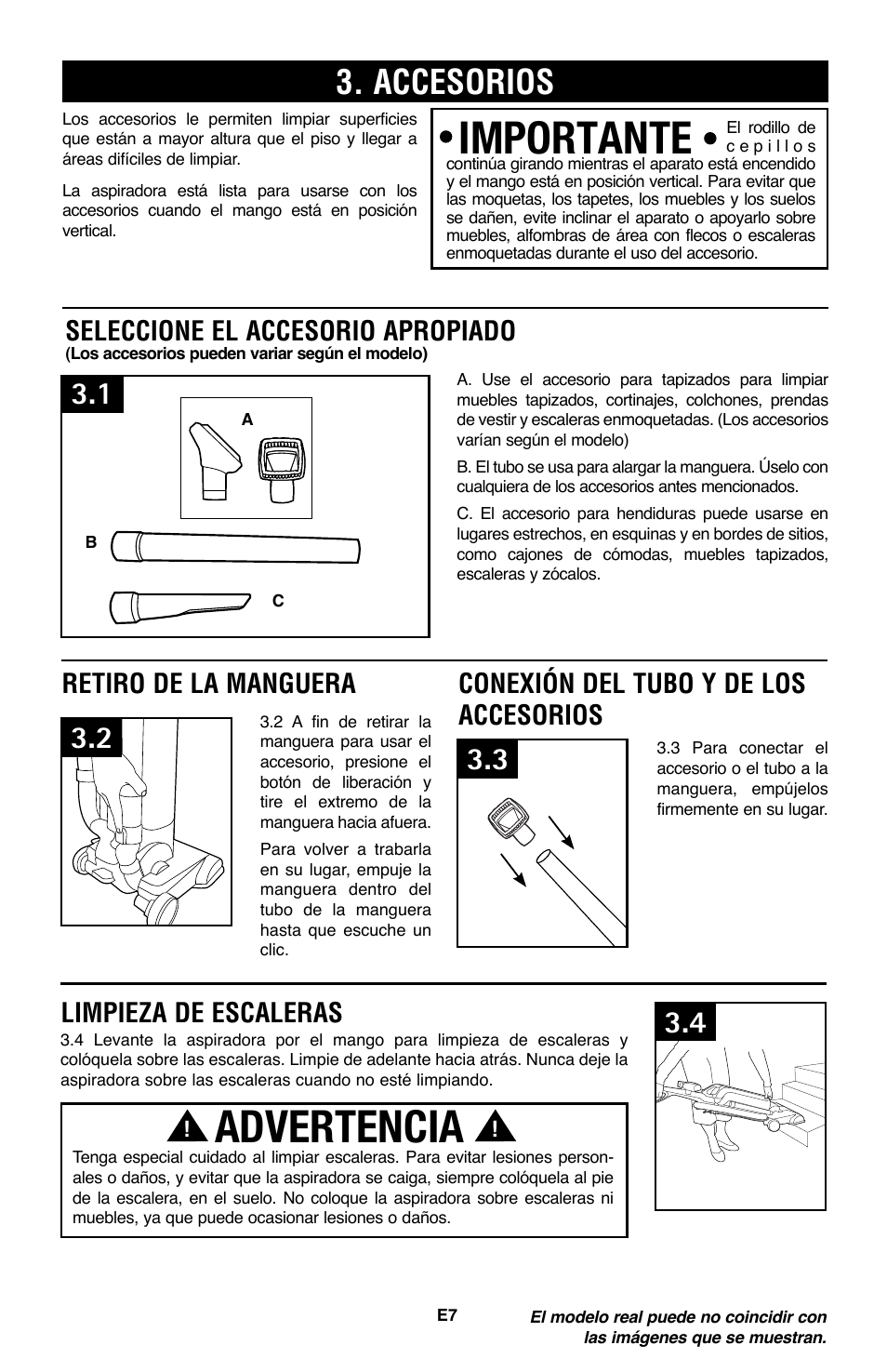 Importante, Advertencia, Accesorios | Seleccione el accesorio apropiado, Retiro de la manguera, Conexión del tubo y de los accesorios, Limpieza de escaleras | Royal Vacuums CH53005 User Manual | Page 21 / 42