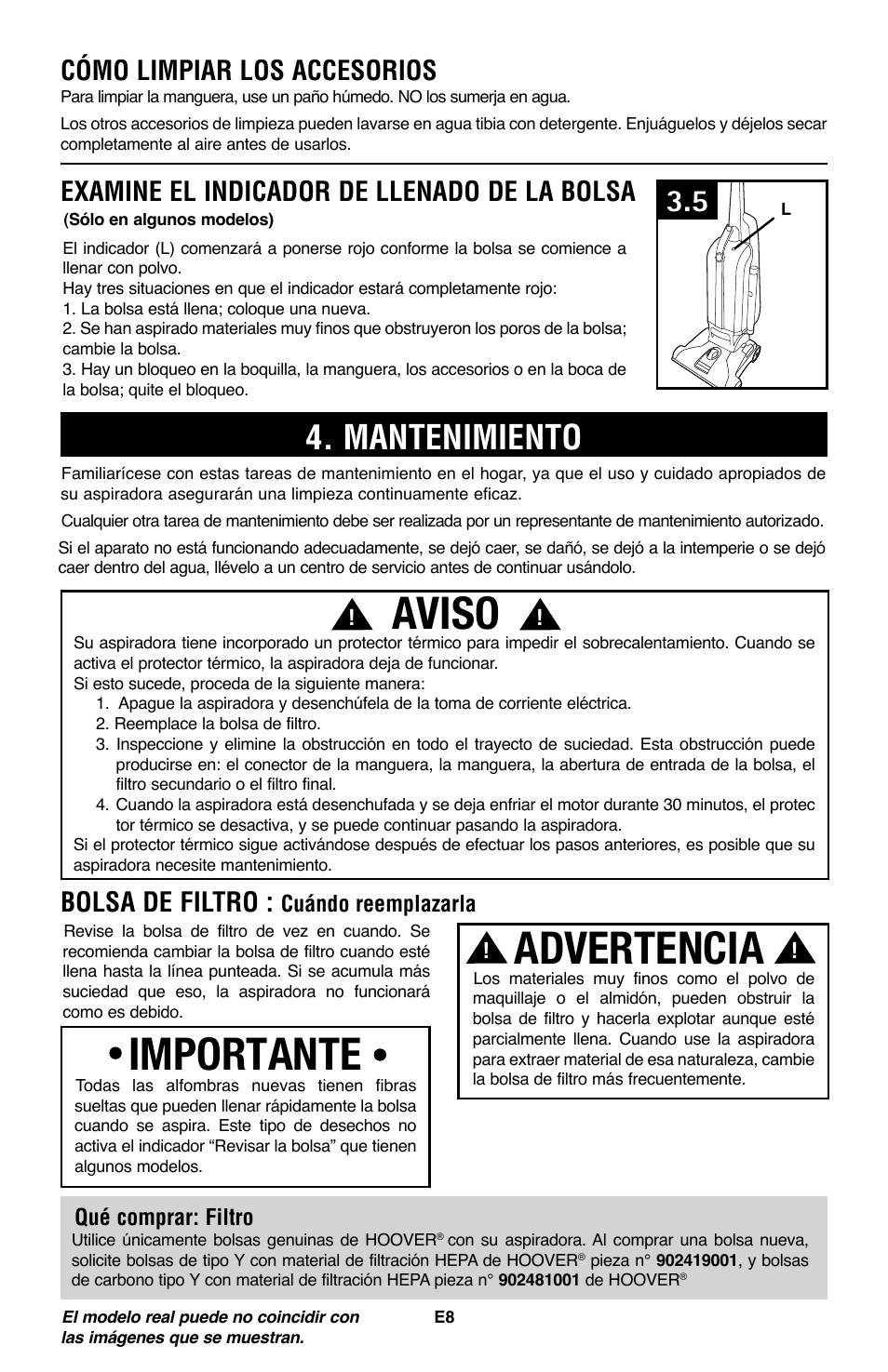 Aviso, Importante, Advertencia | Mantenimiento, Cómo limpiar los accesorios, Examine el indicador de llenado de la bolsa, Bolsa de filtro, Cuándo reemplazarla, Qué comprar: filtro | Royal Vacuums CH53005 User Manual | Page 22 / 42