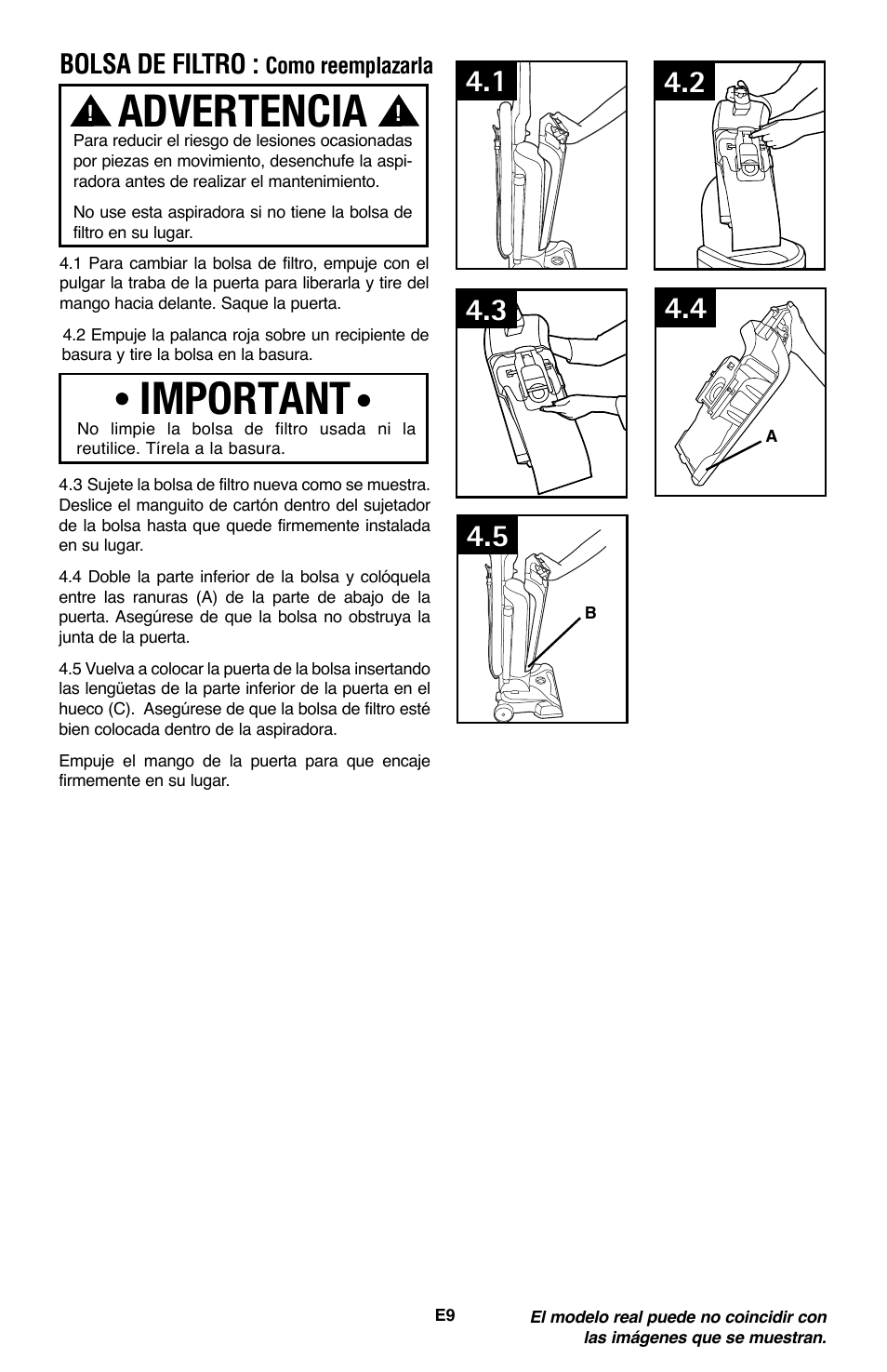 Advertencia, Important, Bolsa de filtro | Royal Vacuums CH53005 User Manual | Page 23 / 42