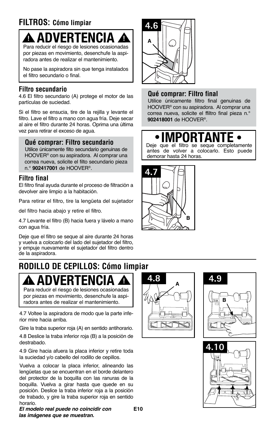 Advertencia, Importante, Rodillo de cepillos: cómo limpiar | Filtros | Royal Vacuums CH53005 User Manual | Page 24 / 42