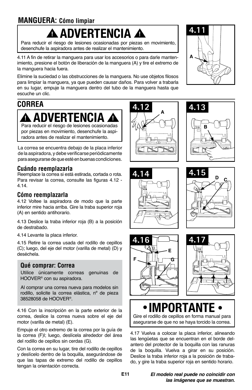 Advertencia, Importante, Manguera | Correa | Royal Vacuums CH53005 User Manual | Page 25 / 42