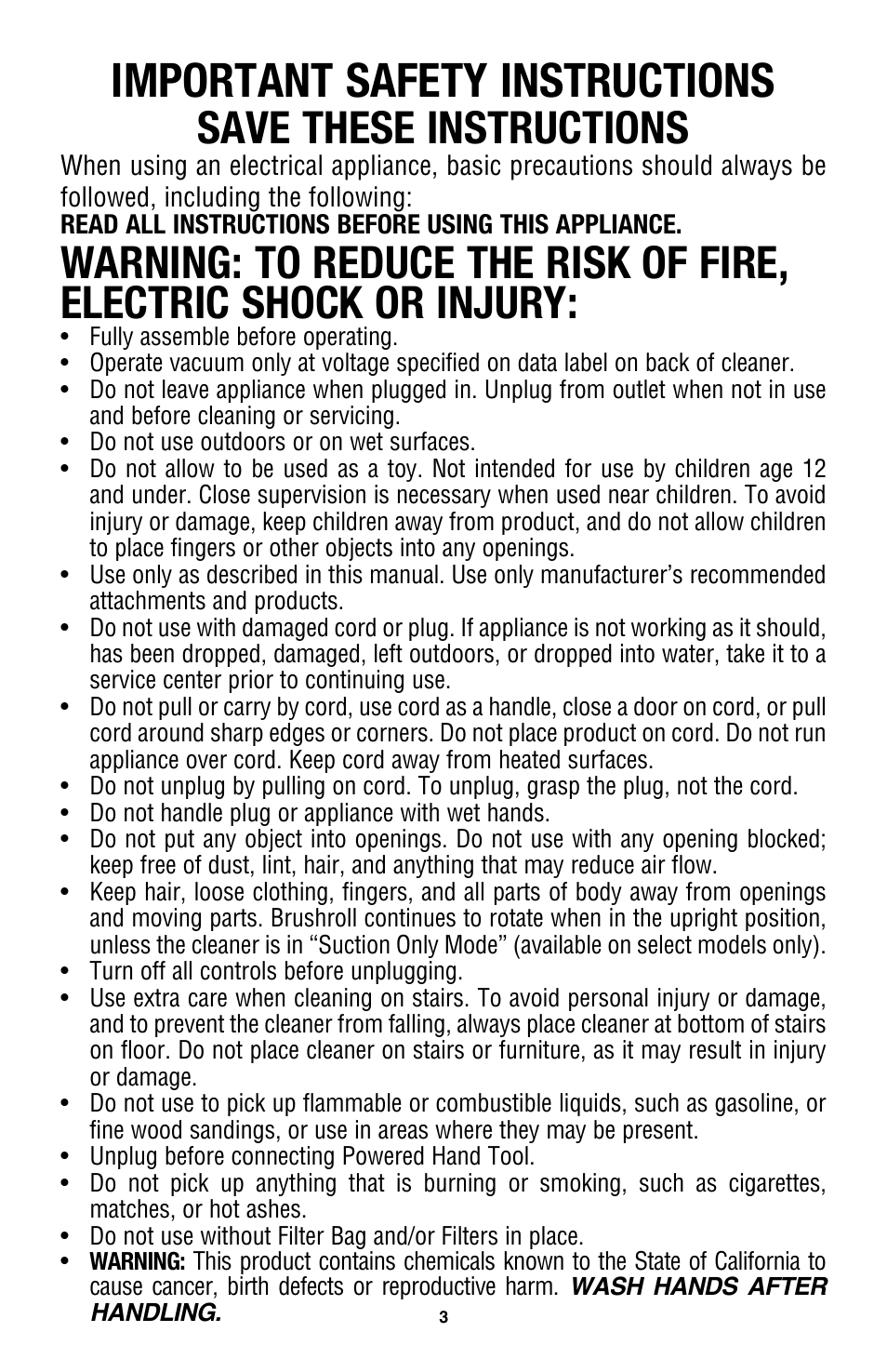 Important safety instructions, Save these instructions | Royal Vacuums CH53005 User Manual | Page 3 / 42