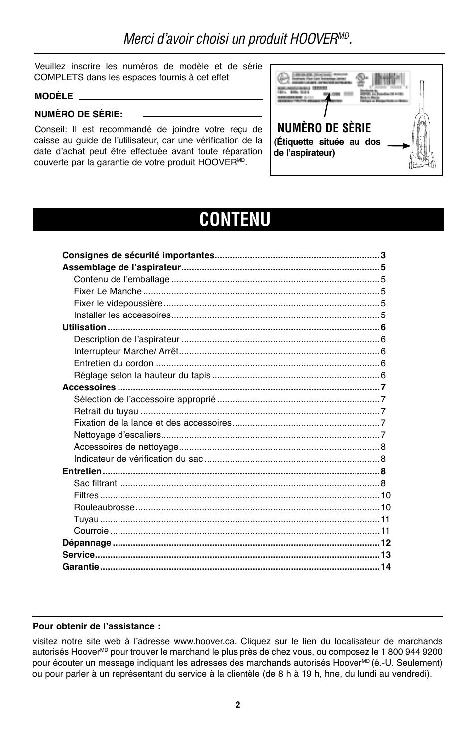 Contenu, Merci d’avoir choisi un produit hoover, Numèro de sèrie | Royal Vacuums CH53005 User Manual | Page 30 / 42