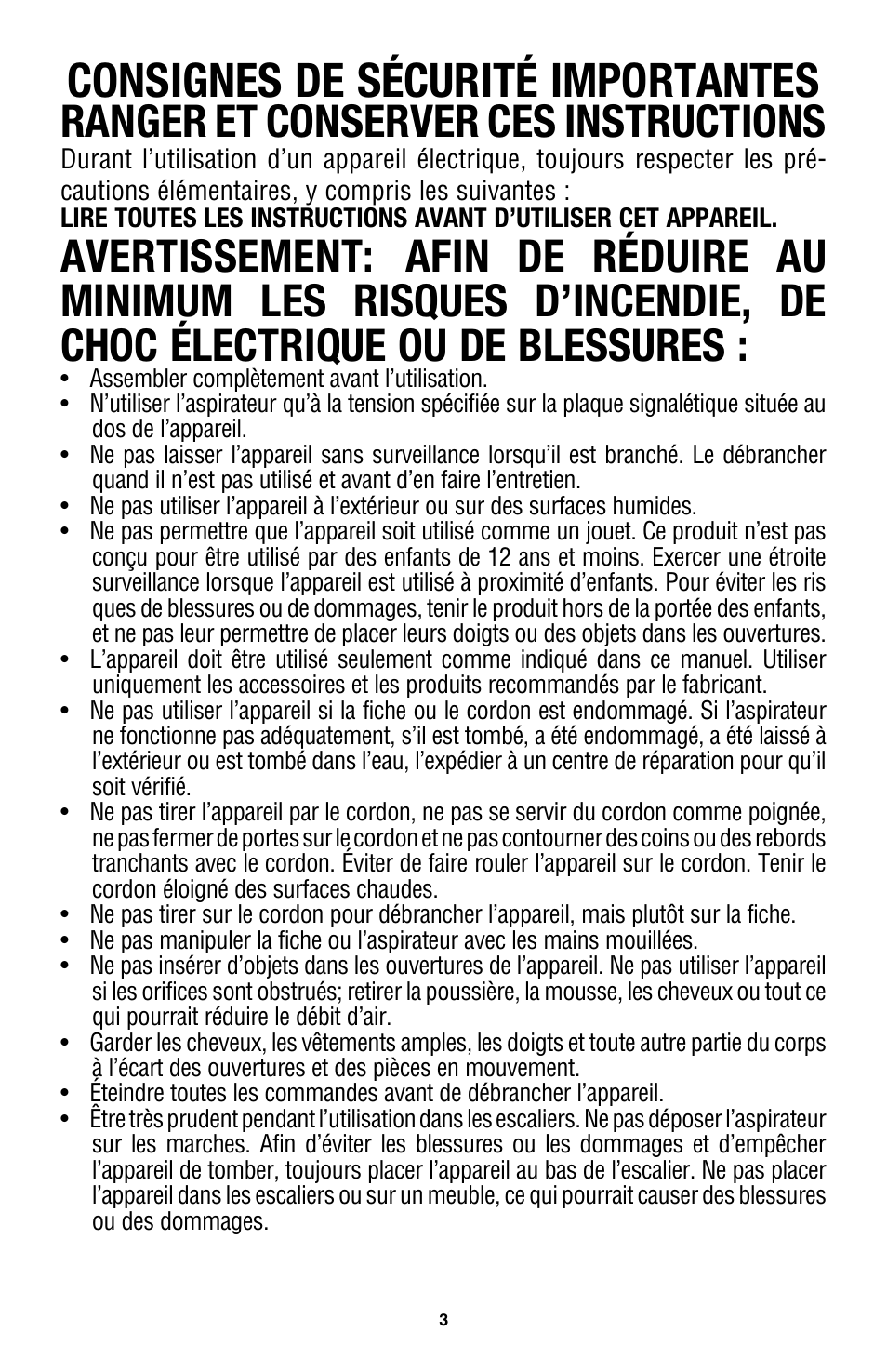 Consignes de sécurité importantes, Ranger et conserver ces instructions, Avertissement | Royal Vacuums CH53005 User Manual | Page 31 / 42