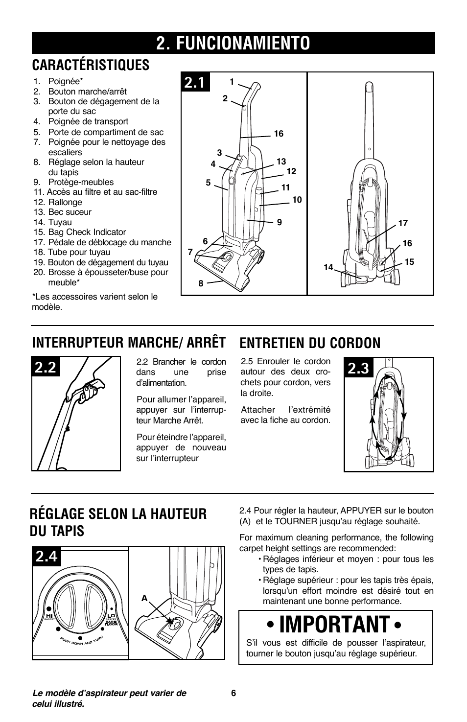 Important, Funcionamiento, Caractéristiques | Interrupteur marche/ arrêt, Entretien du cordon, Réglage selon la hauteur du tapis | Royal Vacuums CH53005 User Manual | Page 34 / 42