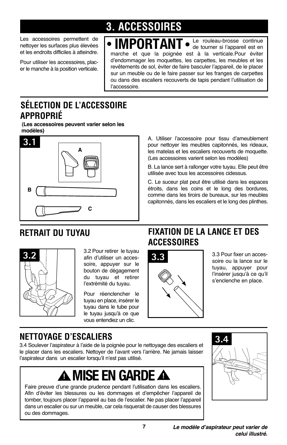 Important, Mise en garde, Accessoires | Sélection de l’accessoire approprié, Retrait du tuyau, Fixation de la lance et des accessoires, Nettoyage d’escaliers | Royal Vacuums CH53005 User Manual | Page 35 / 42