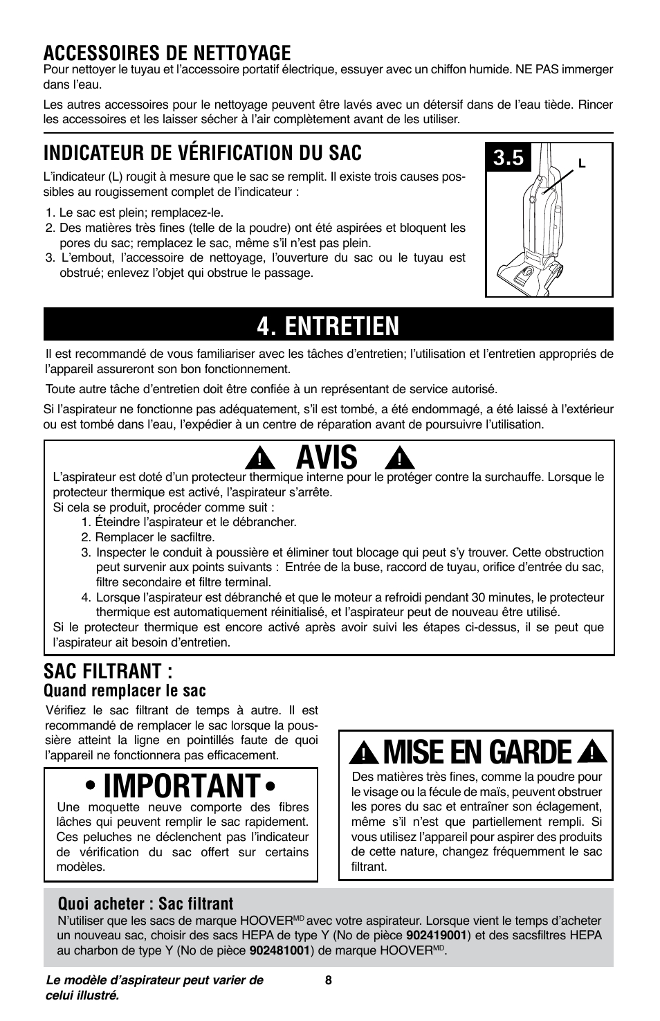 Avis, Important, Mise en garde | Entretien, Accessoires de nettoyage, Indicateur de vérification du sac, Sac filtrant, Quand remplacer le sac, Quoi acheter : sac filtrant | Royal Vacuums CH53005 User Manual | Page 36 / 42