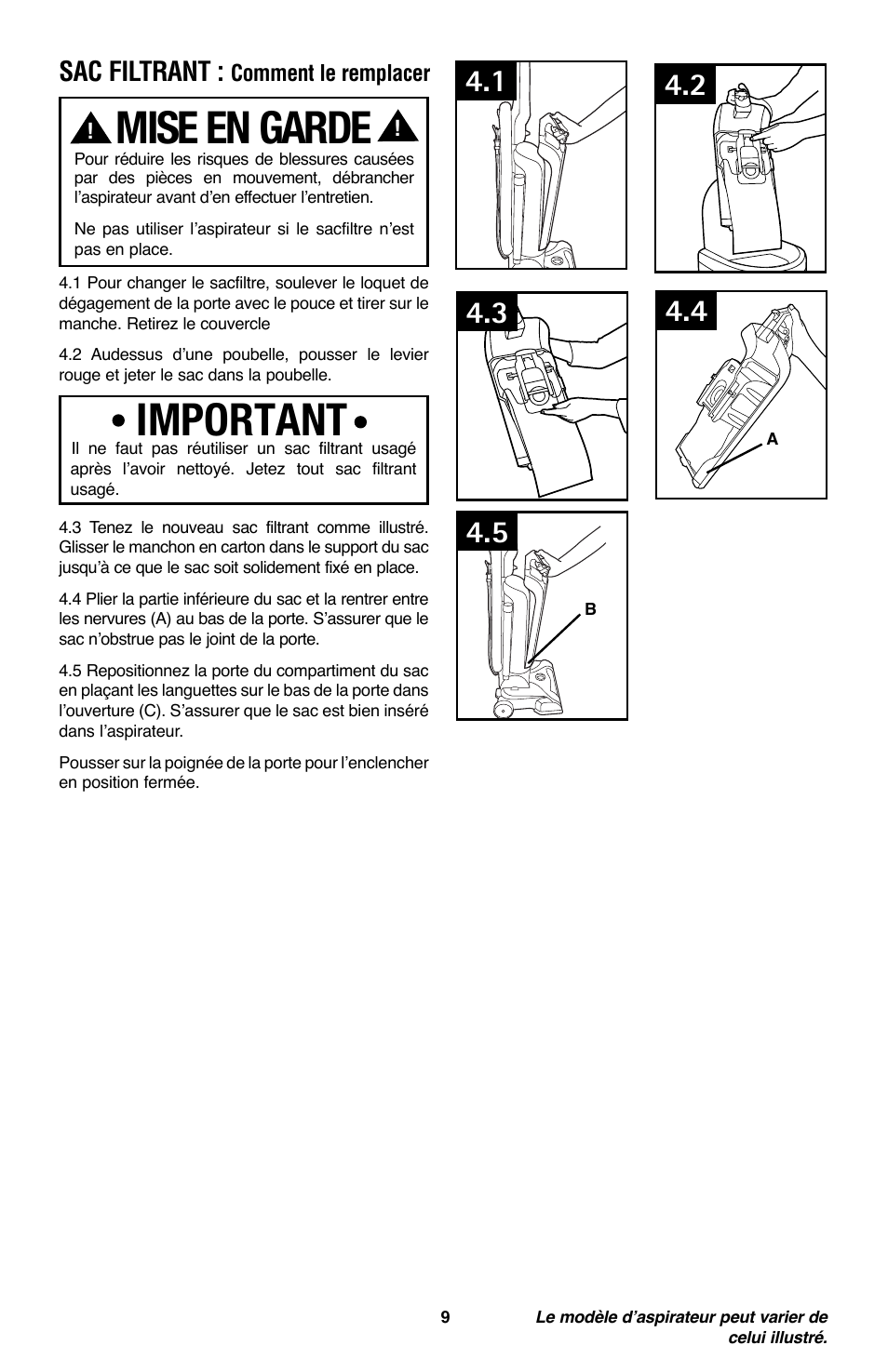 Mise en garde, Important, Sac filtrant | Royal Vacuums CH53005 User Manual | Page 37 / 42