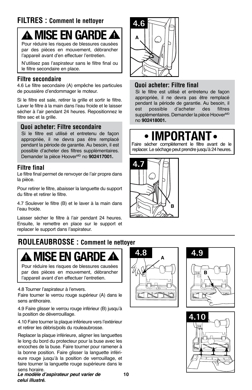 Mise en garde, Important, Rouleaubrosse | Filtres | Royal Vacuums CH53005 User Manual | Page 38 / 42