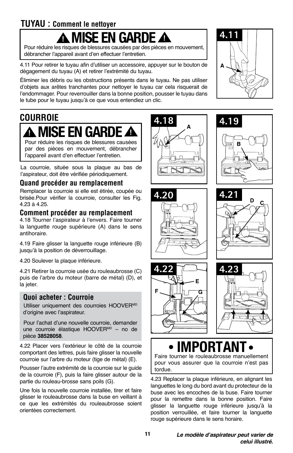 Mise en garde, Important, Tuyau | Courroie | Royal Vacuums CH53005 User Manual | Page 39 / 42