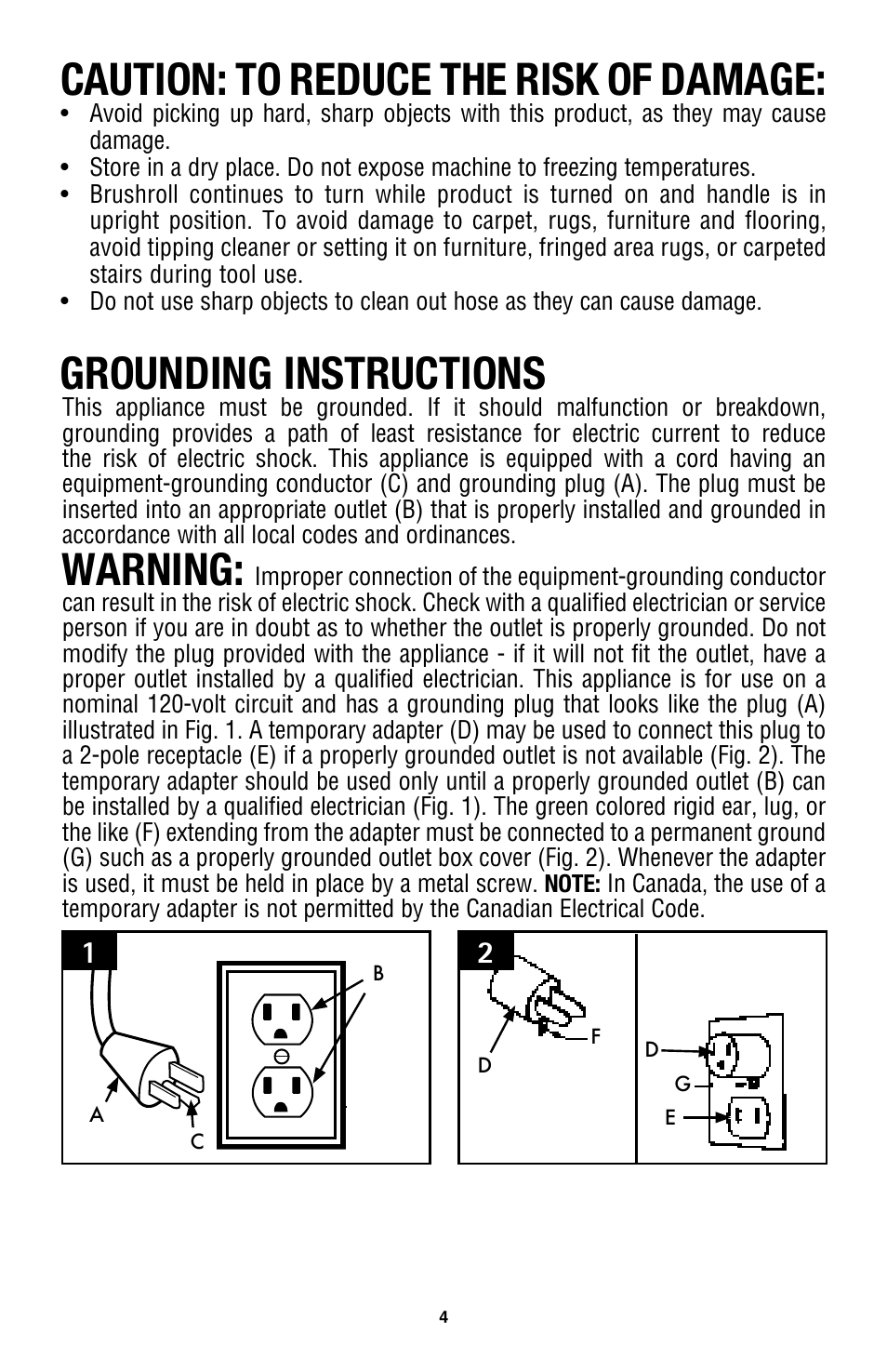 Caution: to reduce the risk of damage, Grounding instructions, Warning | Royal Vacuums CH53005 User Manual | Page 4 / 42