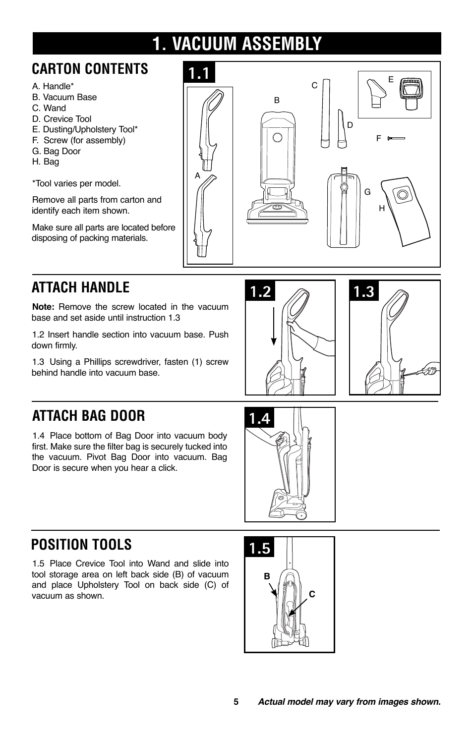 Vacuum assembly, Attach handle position tools, Attach bag door | Carton contents | Royal Vacuums CH53005 User Manual | Page 5 / 42