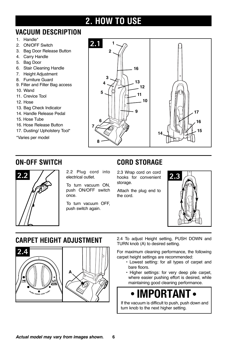 Important, How to use, Vacuum description | On-off switch, Cord storage, Carpet height adjustment | Royal Vacuums CH53005 User Manual | Page 6 / 42