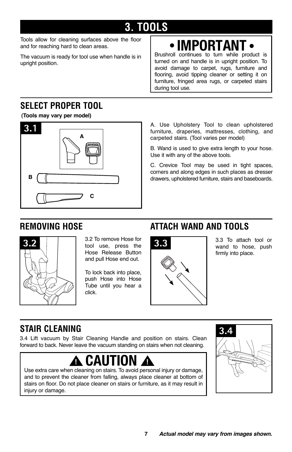 Important, Caution, Tools | Select proper tool, Removing hose, Attach wand and tools, Stair cleaning | Royal Vacuums CH53005 User Manual | Page 7 / 42