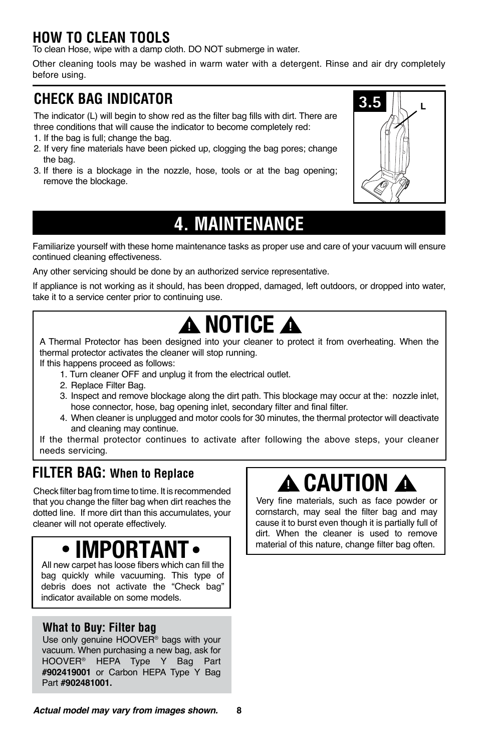 Notice, Caution, Important | Maintenance, How to clean tools, Check bag indicator, Filter bag, When to replace, What to buy: filter bag | Royal Vacuums CH53005 User Manual | Page 8 / 42