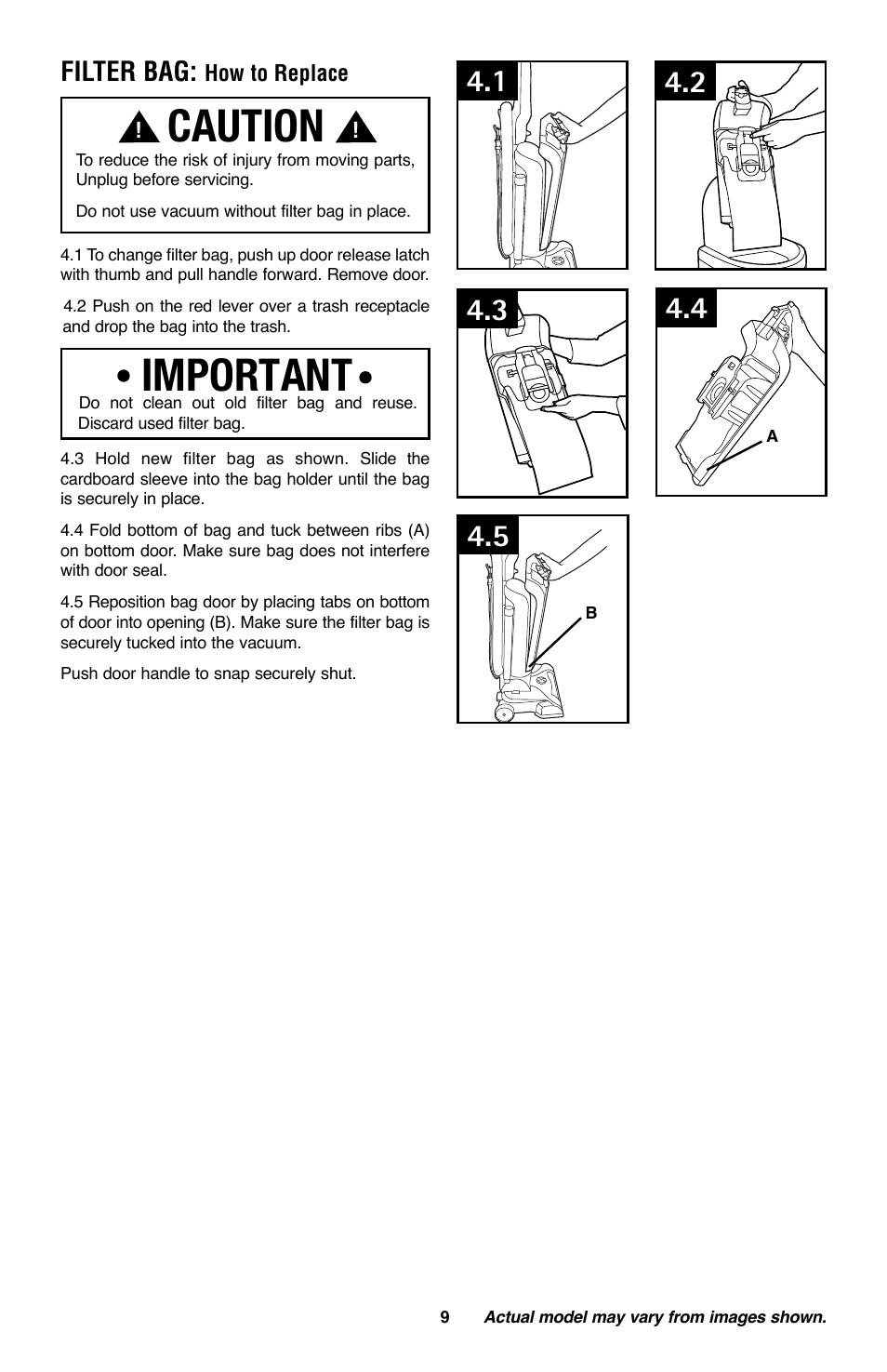 Caution, Important, Filter bag | Royal Vacuums CH53005 User Manual | Page 9 / 42