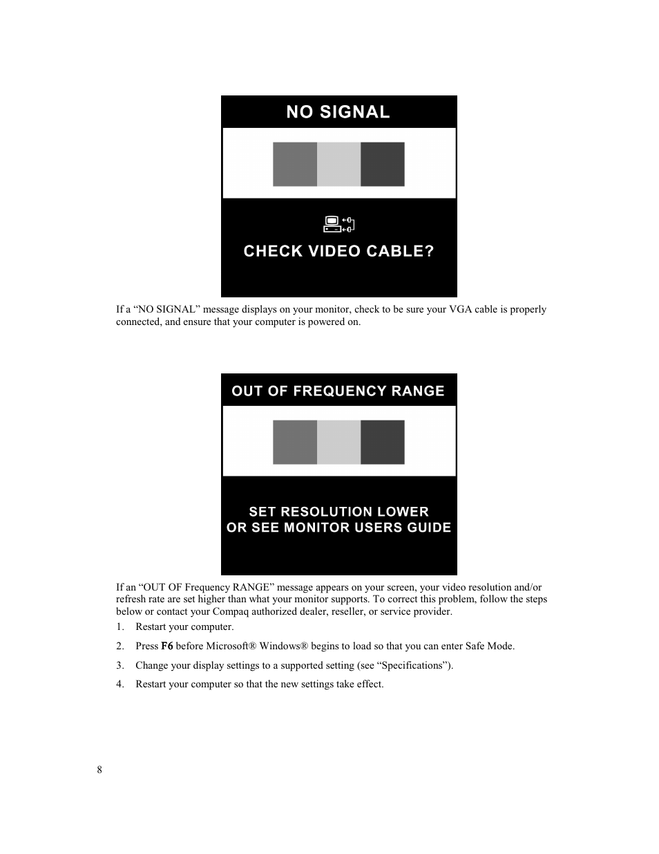 No signal message, Out of frequency range message | Compaq MV 740 User Manual | Page 10 / 73