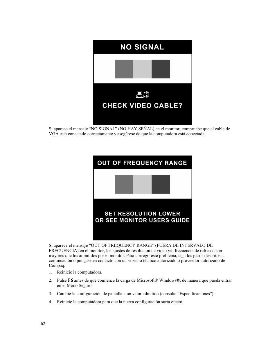 Mensaje no signal (no hay señal) | Compaq MV 740 User Manual | Page 64 / 73