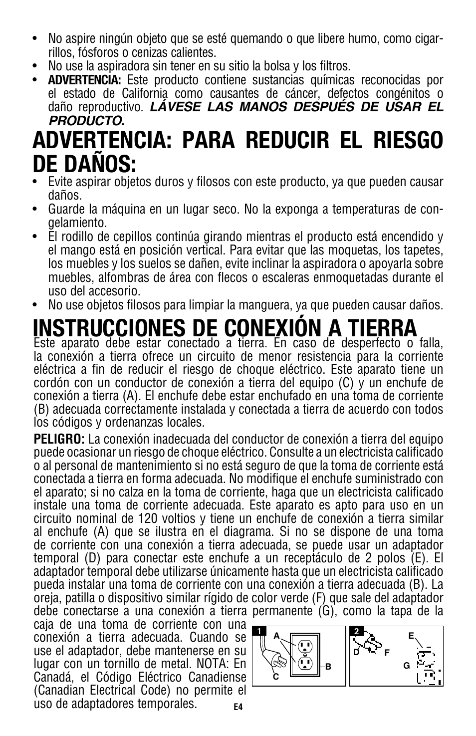 Advertencia: para reducir el riesgo de daños, Instrucciones de conexión a tierra | Royal Vacuums CH53000 User Manual | Page 14 / 30