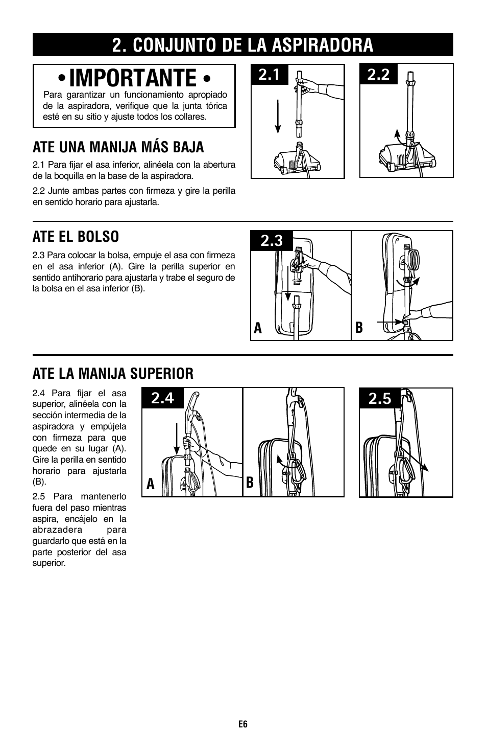 Importante, Conjunto de la aspiradora, Ate la manija superior | Ate el bolso | Royal Vacuums CH53000 User Manual | Page 16 / 30