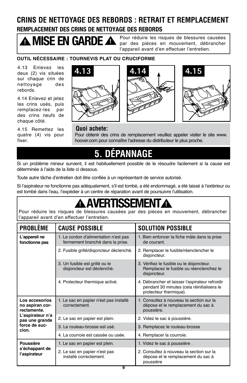 Mise en garde, Avertissement, Dépannage | Remplacement des crins de nettoyage des rebords, Quoi achete, Problème cause possible solution possible | Royal Vacuums CH53000 User Manual | Page 29 / 30