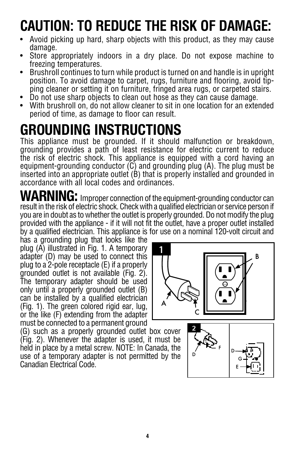 Grounding instructions, Warning, Caution: to reduce the risk of damage | Royal Vacuums CH53000 User Manual | Page 4 / 30