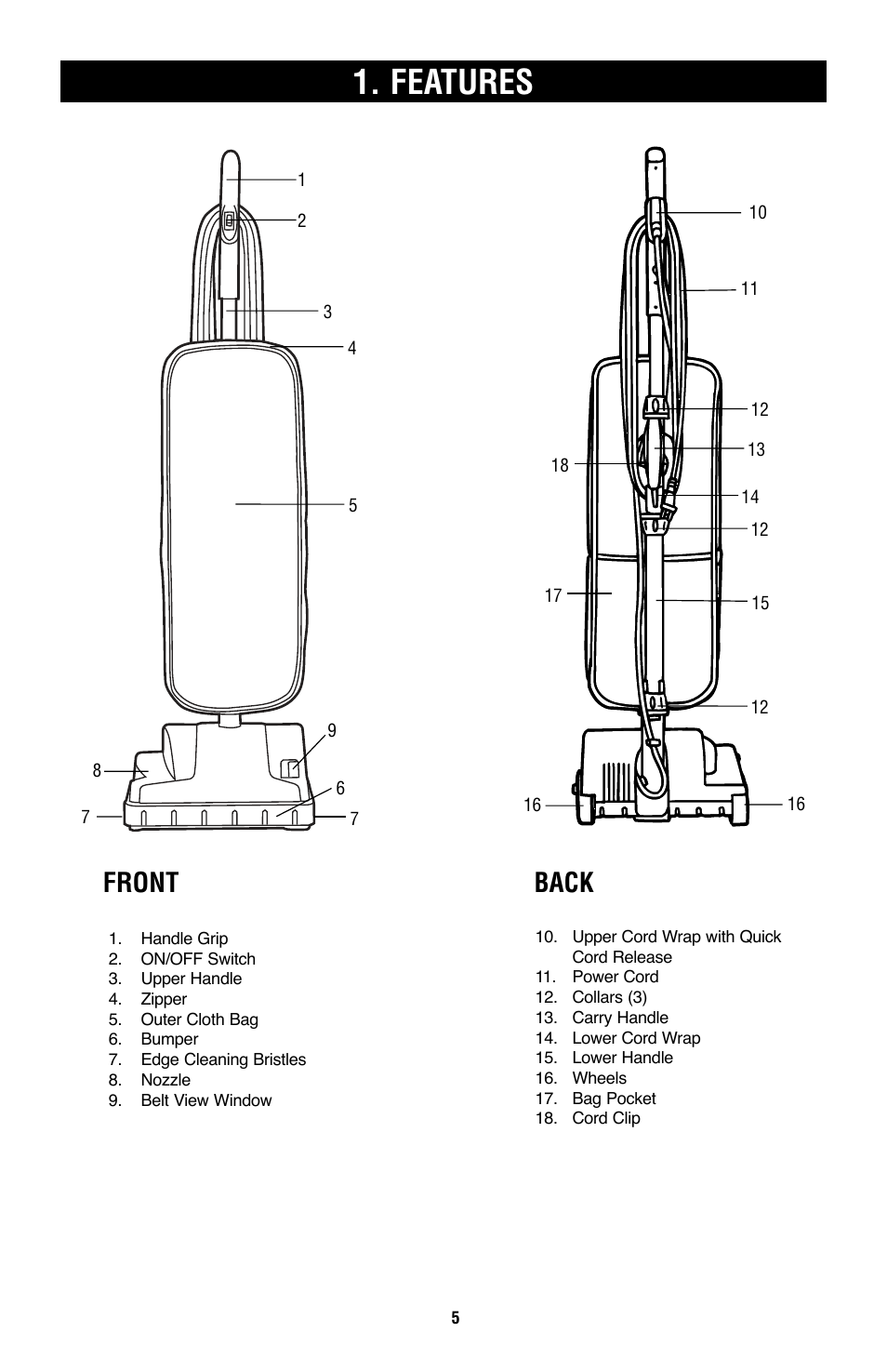 Features, Front, Back | Royal Vacuums CH53000 User Manual | Page 5 / 30