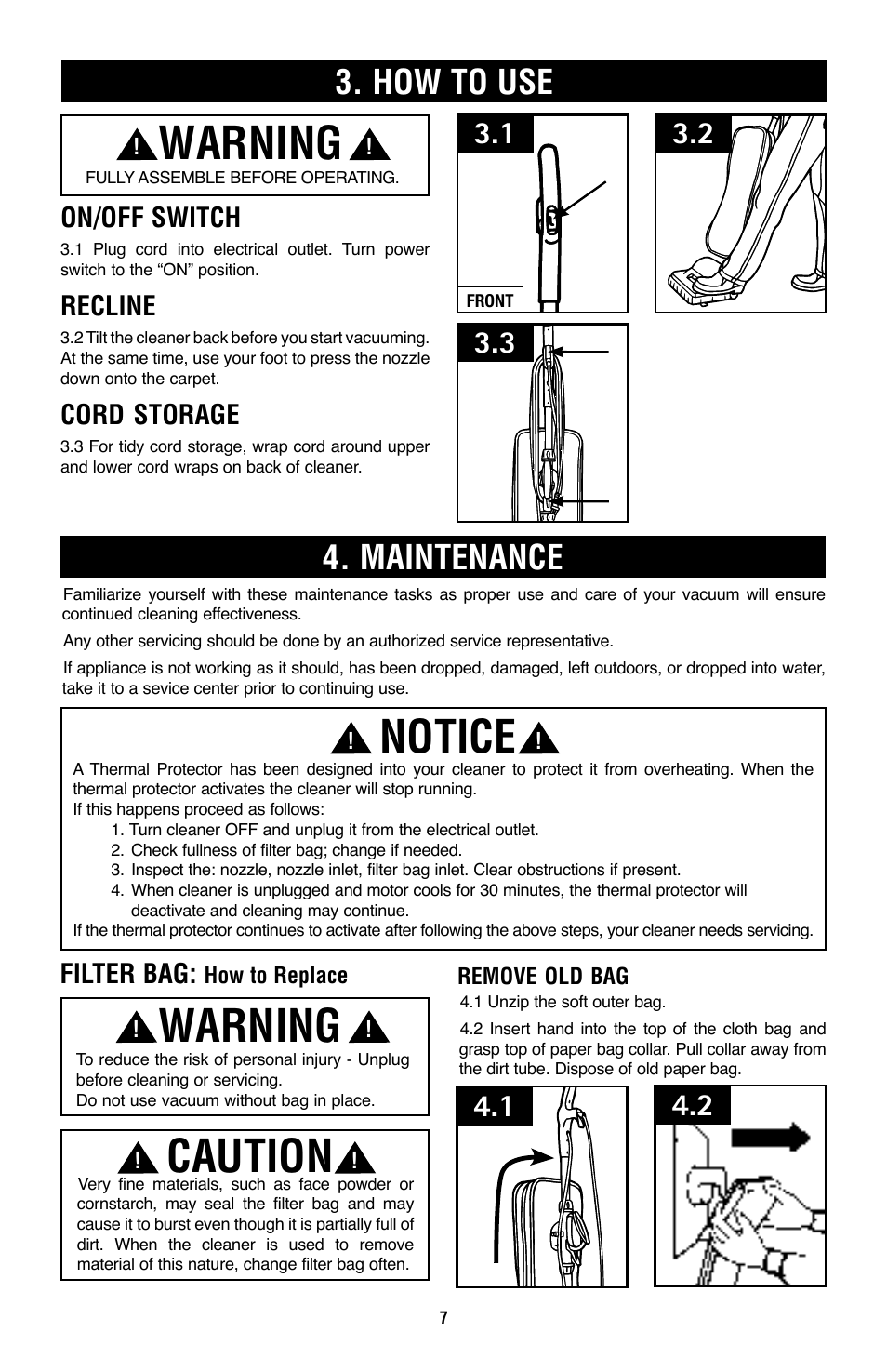 Warning, Notice, Caution | How to use, Maintenance, On/off switch, Recline, Cord storage, Filter bag | Royal Vacuums CH53000 User Manual | Page 7 / 30